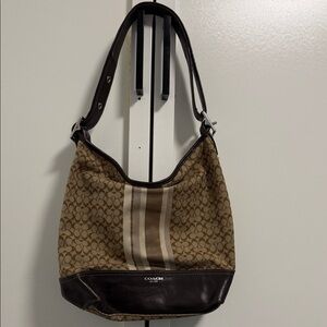 Coach Brown and Tan Signature Shoulder Bag